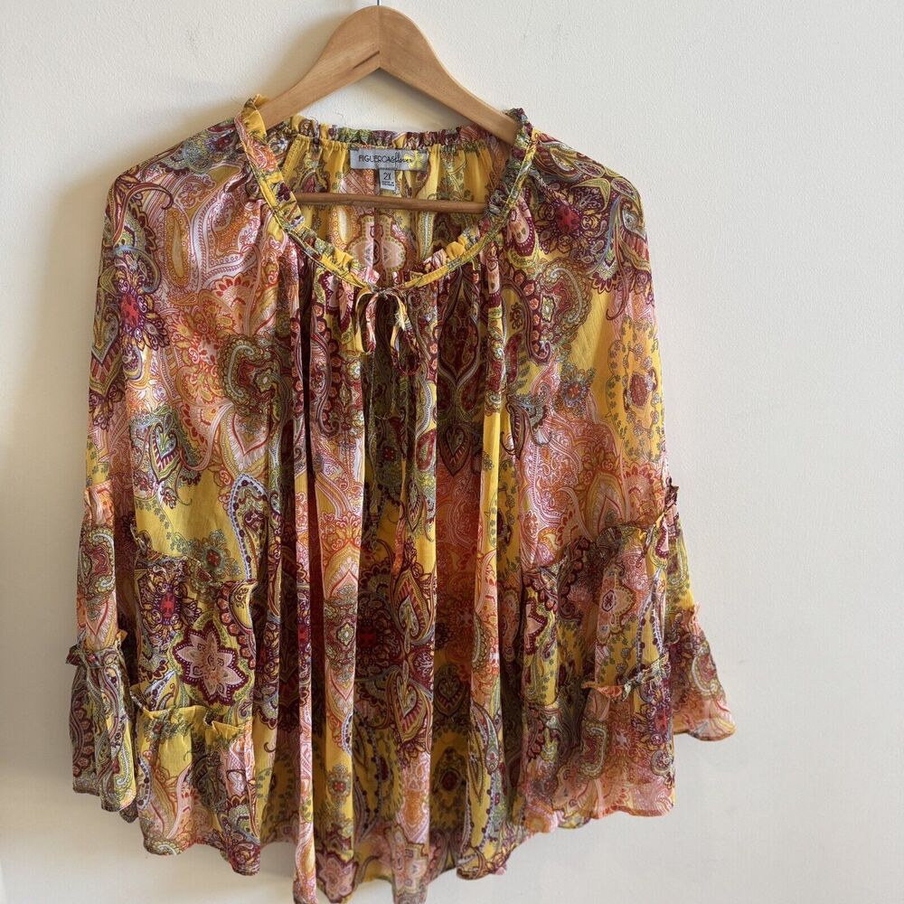 Figueroa and Flower Womens 2X Blouse Paisley Boho Hippie Bell Sleeve Sheer Fall